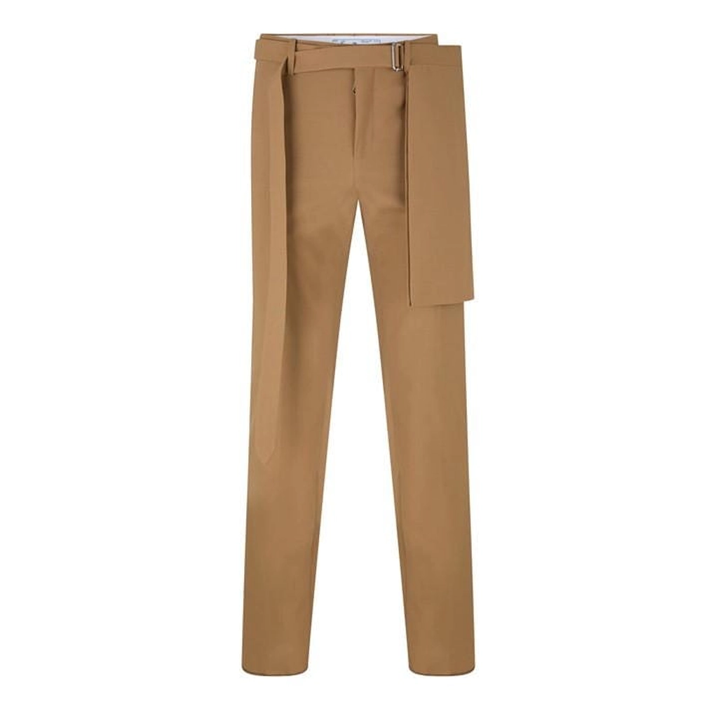 Off White Belt Waist Slim Fit Trousers - Brown
